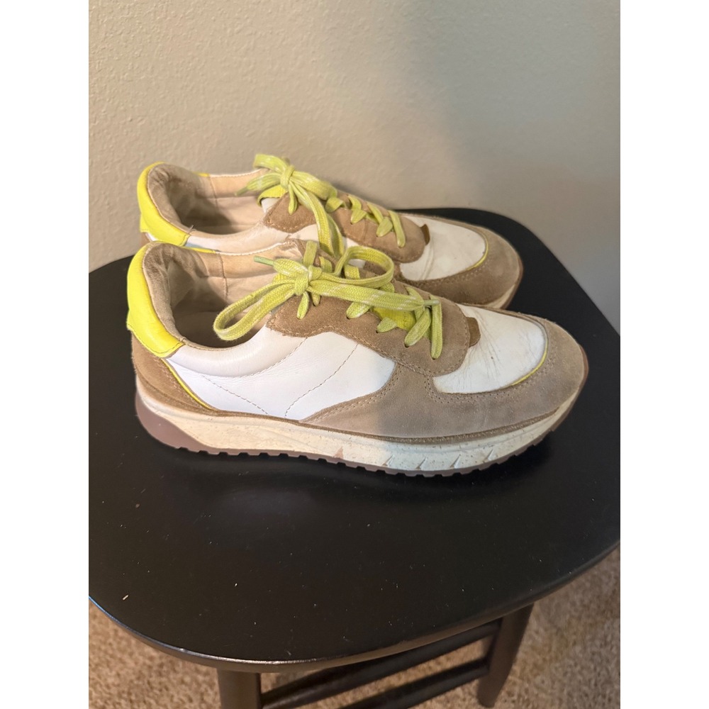 Madewell MWL Kickoff Trainer Sneakers White Tan Neon Yellow Leather Suede SZ 7M - Picture 1 of 9